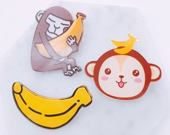 Banana pin; monkey pin; banana and monkey pin; fruit pins; banana accessories