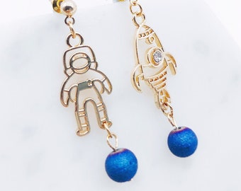 Space earrings; rocket earrings; astronaut earrings; dangling earrings; mix and match; moon earrings; galaxy