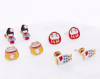 Japanese earrings; Japan style earrigs; Japan studs; Geisha pierces; Fortune cat earrings;Daruma earrings; Fish earrings