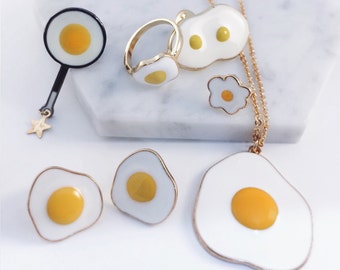 Egg-cellent accessories! Egg pierce, egg necklace, egg ring, egg pin, egg brooch, egg ear cuff, egg earrings, sunny side up,breakfast,brunch