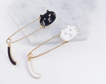 Black and white cat brooch safety pin brooch~ black cat, white cat with tail