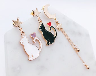 Cat dangling earrings; cat jewelry; cat accessories; galaxy earrings; space earrings; dangling earrings; mix and match; moon earrings;