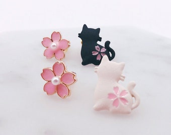 Cat earrings; Sakura Earrings; meow; cat lover; cat; cats accessories; cherry blossoms; Japanese earrings