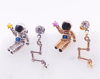 Astronaut  earrings; galaxy earrings; space earrings; space pierces; mix and match; moon earrings; galaxy