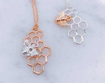 Bee Necklace, Bee and Honeycomb pendant; Necklaces For Women, Bee Jewellery, Bee pendant