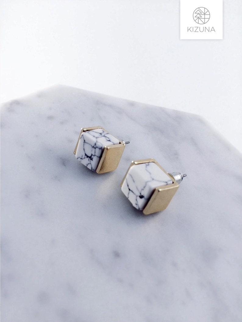 Cube marble earrings white marble earrings howlite stone image 1