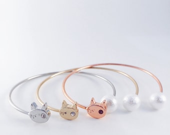 Cat Bangle With Pearl - Cat Lovers; pink gold cat, cat bracelet, cat bangle, cat accessories