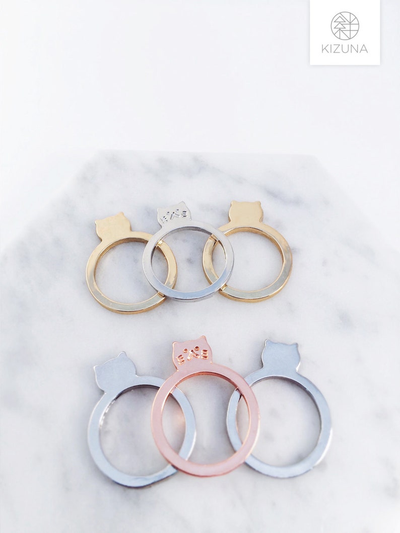 Stackable cat rings, pink gold rings, gold rings, cat accessories, stackable ring image 1