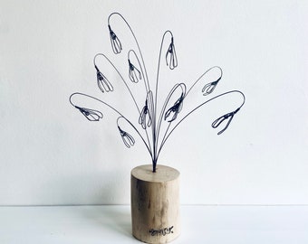 Wire Snowdrops in a Driftwood ‘Vase’. Wire Flowers. Snowdrops. Wire Art. Anniversary. Mother’s Day. Valentines Day.