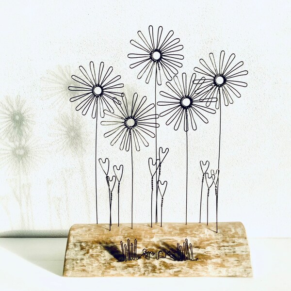 Wire Daisies & love hearts on waxed driftwood. Valentines gift. Wire art. Free standing. Driftwood art. Mother's Day. Anniversary.
