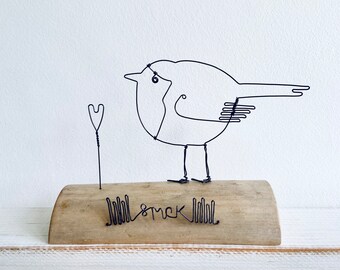 Wire Robin & heart on waxed driftwood. Wire art. Driftwood art. Bird art. Birthday gift. Anniversary gift.