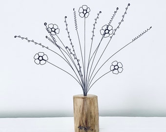 Wire Buttercups & Grasses in a Driftwood ‘Vase’. Wire Flowers. Wire Art. Anniversary. Mother’s Day. Valentines Day. Buttercup Art.