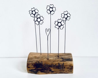 Wire Forget Me Nots & Heart on waxed Driftwood. Driftwood art. Wire flowers. Wire Art. Valentines Day. Mothers Day.