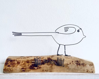 Wire long- tailed tit on waxed driftwood. Wire art. Driftwood art. Bird art. Birthday gift. Anniversary gift.