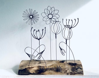 Wire flowers & seed heads on waxed driftwood. Wire art. Driftwood art. Mother's Day. Anniversary gift. Wire flowers. Seed heads. Flowers.