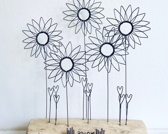 Wire sunflowers & love hearts on waxed driftwood. Valentines gift. Wire art. Driftwood art. Mother's Day. Anniversary. Flower art.