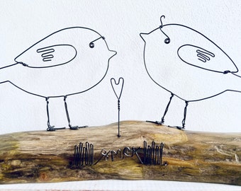 2 wire long-tailed tits & love heart on driftwood. Valentines gift. Wire art. Driftwood art. Bird art. Mothers Day. Anniversary gift