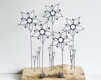 Wire Love-in-a-mist flowers & hearts on waxed driftwood. Valentines gift. Mothers Day gift. Wire art. Free standing. Driftwood art.