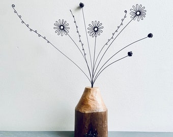 Wire Daisies & Grasses in a Carved  Driftwood Vase. Wire Flowers. Wire Art. Carved Wood. Flower Vase. Mother’s Day. Valentines Day.