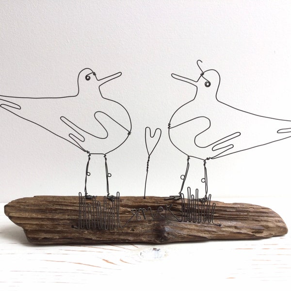 2 Wire Oyster Catchers & love heart on waxed driftwood. Valentines gift. Wire art. Free standing. Driftwood art. Beach art. Bird art.