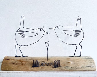 2 wire wrens & love heart on driftwood. Valentines gift. Wire art. Driftwood art. Bird art. Mothers Day. Anniversary gift