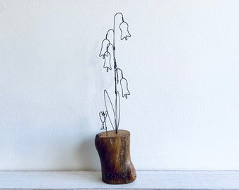 Wire bluebells & heart on waxed driftwood. Driftwood art. Wire Art. Valentines Day. Mothers Day. Flower.