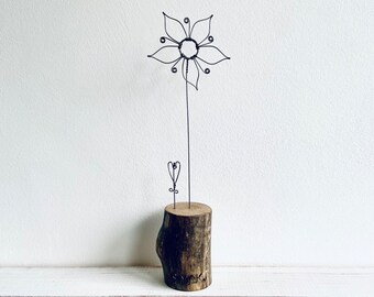 Wire love-in-a-mist flower & Heart on waxed driftwood. Driftwood art. Wire Art. Valentines Day. Mothers Day. Flower.