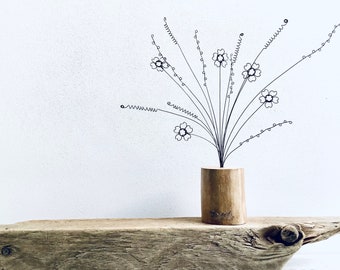 Wire Forget Me Nots & Grasses in a Driftwood ‘Vase’. Wire Flowers. Wire Art. Anniversary. Mother’s Day. Valentines Day.