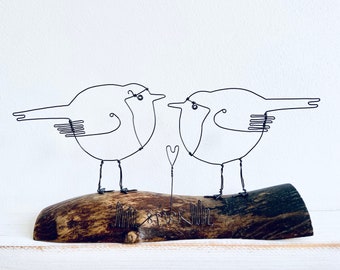 2 wire robins & love heart on driftwood. Valentines gift. Wire art. Driftwood art. Bird art. Mothers Day. Anniversary gift