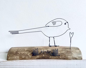 Wire long- tailed tit & heart on waxed driftwood. Wire art. Driftwood art. Bird art. Birthday gift. Anniversary gift.