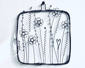 Mini Wire Flower Meadow in a Wire Frame. Forget Me Nots & Grasses. Wire frame. Wire Flowers. Wire Art.