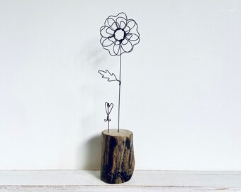 Wire wild rose & heart on waxed driftwood. Driftwood art. Wire Art. Valentines Day. Mothers Day. Flower. Rose.