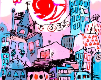 Bunny In the City Art Print GoodKidRob Prints Purple 11 X 14