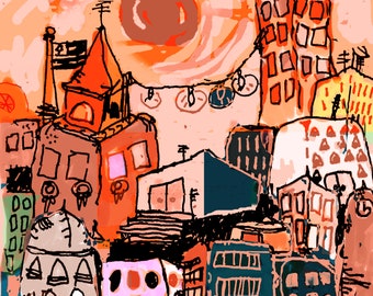 Bunny In the City Art Print GoodKidRob Prints Purple 11 X 14