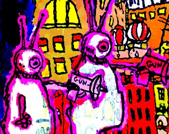 Bunny In the City Art Print GoodKidRob Prints Purple 11 X 14