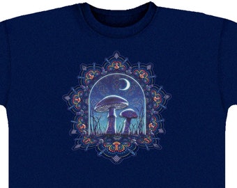 Mushroom Navy blue T-shirt. Psychedelic, Trippy, colorful Mushroom in the Moonlight on 100% cotton T-Shirts. Sacred geometry fungi.