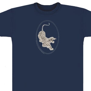 Jerry Garcia T-Shirt- Tiger Guitar emblem, screen printed with Silver metallic ink on a Navy Blue shirt. Grateful Dead, JGB, Dead and Co,