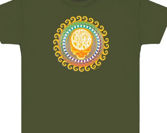 Grateful Dead T-shirt- Orange Sunshine Steal your Face- Stealie in the Sun on an Olive colored 100% cotton heavyweight T-shirt
