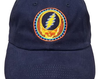 Gorra de béisbol bordada de Grateful Dead, color naranja y azul marino, con texto "Stealie", de Dead and Company, "Steal Your Face" y rayo de 13 puntas.
