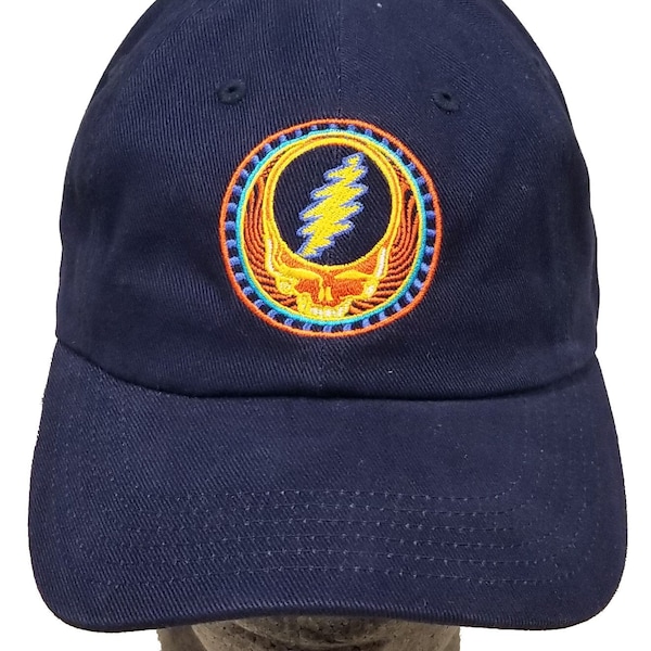 Grateful Dead Hat- Orange Sunshine Stealie Navy Embroidered Baseball Cap /Dead and Company /Steal Your Face / 13 point lightning bolt