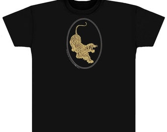 Jerry Garcia T-Shirt-Tiger Guitar emblem, Gold metallic ink on a Black shirt.