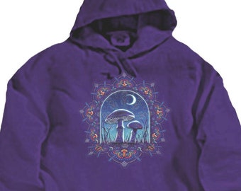 Mushroom Moonlight Fleece Hoodie- Psychedelic Mushroom- on Purple Heavyweight Sweatshirt/ Hoodie