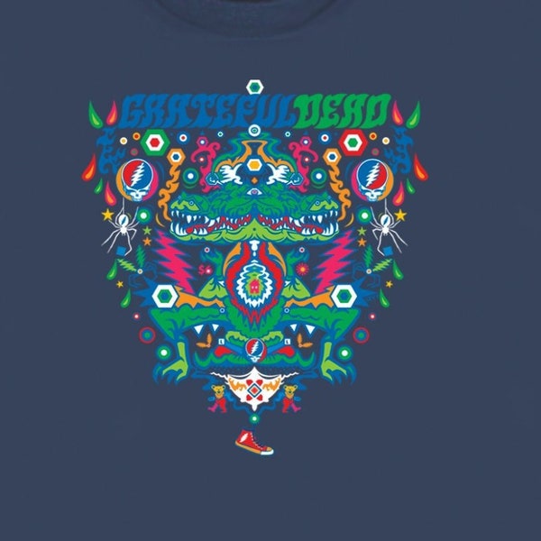 T-shirt en alligator Grateful Dead, bleu marine/ 100 % coton/ volants, boulons 13 points et superbes lettres