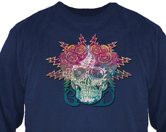 May include: A navy blue long-sleeved t-shirt with a colorful graphic of a skull wearing sunglasses and a flower crown. The skull is surrounded by lightning bolts.