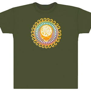 Grateful Dead T-shirt- Orange Sunshine Steal your Face- Stealie in the Sun on an Olive colored 100% cotton heavyweight T-shirt