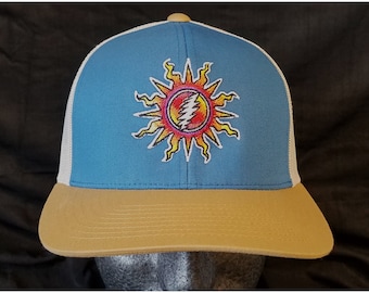 Grateful Dead-Hat-Trucker-Snap back-Sunshine Lightning- Ocean Blue/Tan/with light tan mesh.