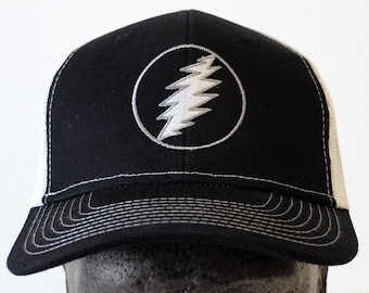 Grateful Dead-Hat-Trucker-Snap back- Lightning Bolt- Silver and white  on Black with white mesh.
