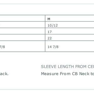 May include: A chart showing product measurements for different sizes of clothing. The chart includes measurements for body width, body length at back, and sleeve length from center back. The sizes listed are XS, S, M, L, and XL. Measurements are in inches.