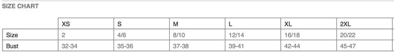 May include: Size chart for clothing with measurements in inches and US sizes. XS is size 2, S is 4/6, M is 8/10, L is 12/14, XL is 16/18, and 2XL is 20/22. Bust measurements are in inches.