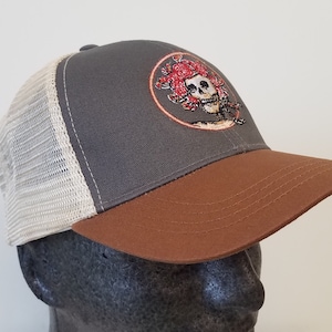 Grateful Dead-Hat-Trucker-Snap back,Bertha-Skull and Roses -embroidered cap Charcoal with Brown bill  and tan mesh/Structured 6 panel hat